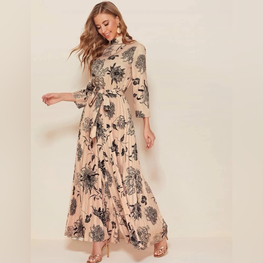 SHEIN Modely Mock-Neck Self Belted Wide Leg Pleated Floral Jumpsuit